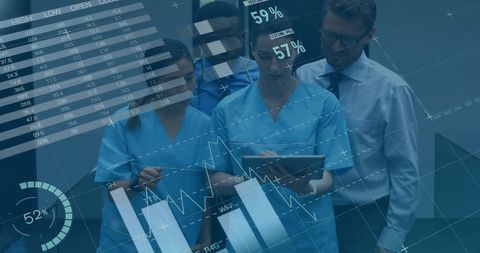 Healthcare Team Analyzing Digital Medical Data Overlaid with Charts