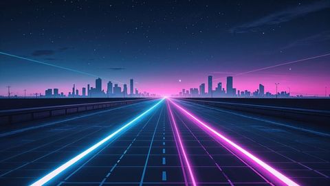 Neon highway to futuristic city skyline under starry night