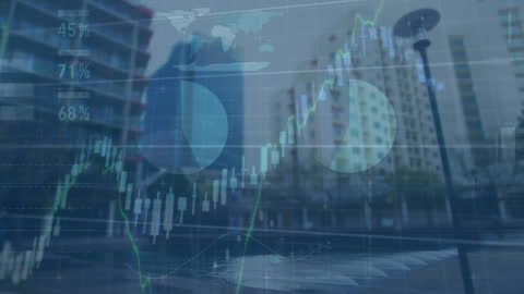 Financial Data Overlay on Urban Cityscape Background