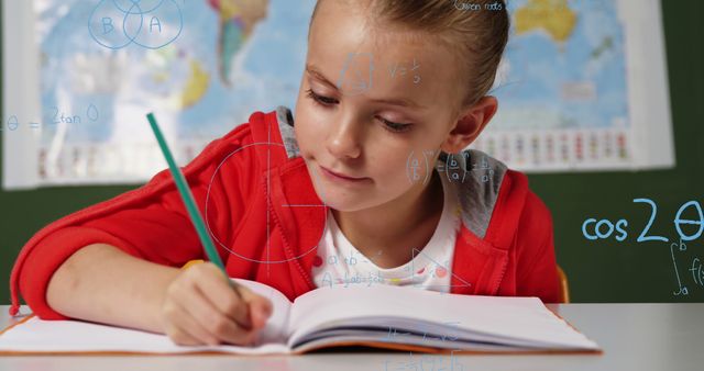 Young girl is deeply engaged with mathematics, surrounded by equations written in the air, indicating immersion in her studies. Ideal for educational content, school-related advertisements, learning materials, or promotion of math tutorials and educational resources.