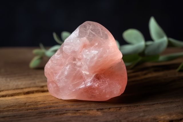 Rose quartz crystal resting on a wooden surface, accompanied by eucalyptus leaves in the background. Ideal for themes related to alternative medicine, healing, energy, relaxation, nature, spirituality. Use in articles, blogs, or promotional materials advocating for natural remedies or holistic health.