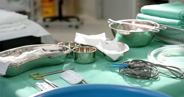 Sterile surgical instruments and equipment arranged on an operating table in a hospital. Ideal for use in medical presentations, healthcare blogs, and educational materials about surgery and sterilization in medical settings. Can also be used to illustrate operating room protocols and practices.