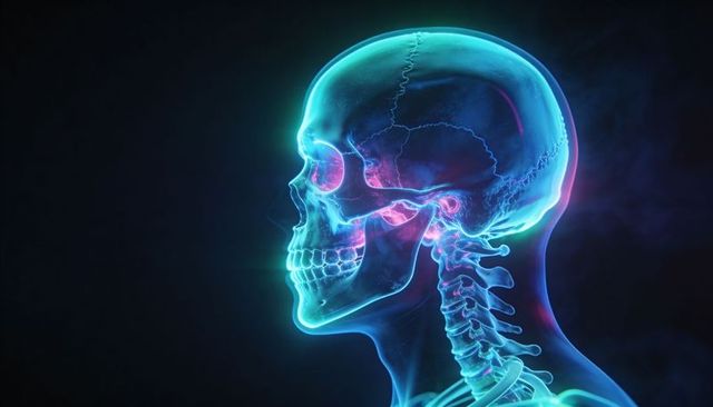 Neon X-Ray Skull and Cervical Spine 3D Rendering with Cyan-Magenta Glow and Lateral Detail