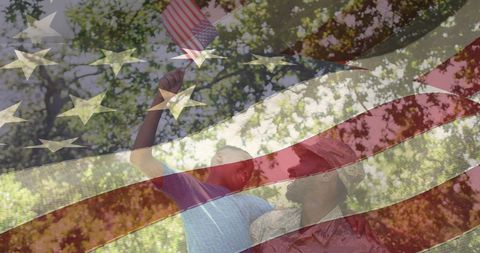 Soldier Embracing Son with American Flag Overlay