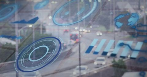 Futuristic hud traffic monitoring over urban highway with holographic data overlay