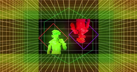 Glitched Animated Statue with Holographic Grid Art