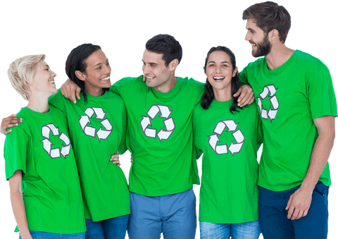 Diverse friends in recycling t-shirts on transparent background