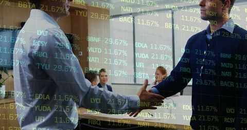 Executive handshake with stock ticker overlay closing financial deal in modern boardroom