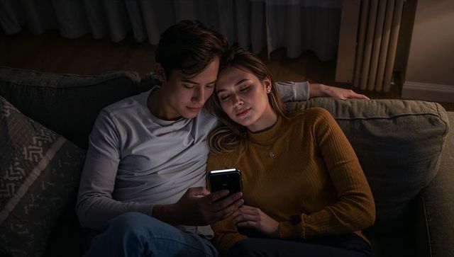 Young couple cuddling on couch watching smartphone together late evening under warm lamp