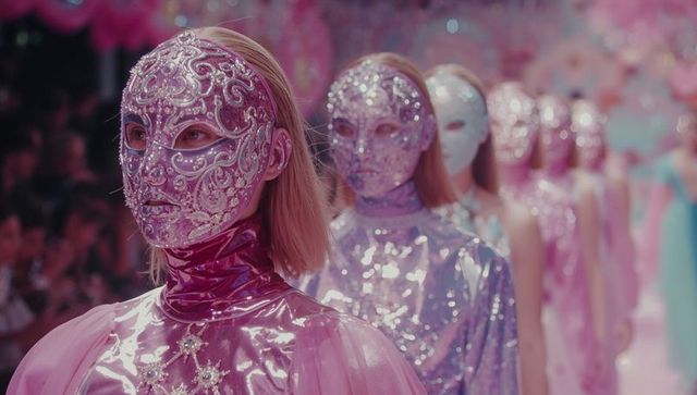 Fashion Model Walking in Dramatic Pink Sequined Mask and Shiny Ensemble