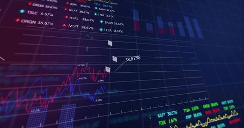 Neon Financial Dashboard Displaying Market Charts and 38.67% Marker on Tilted Grid Monitor