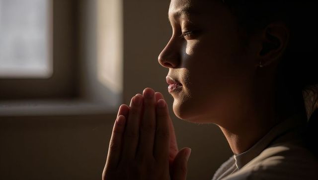 Sunlit praying Asian woman with hands clasped by window, serene mindfulness portrait