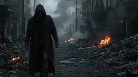 Hooded Figure Walking Through Devastated Post-Apocalyptic Street
