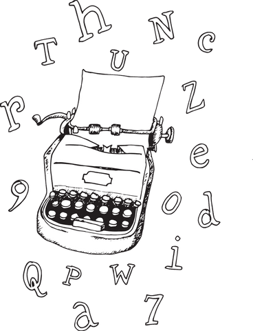 Vintage typewriter with floating letters on transparent background