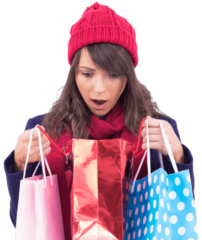 Shocked women reacting to surprise inside transparent shopping bags