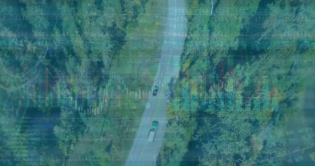 Aerial View of Vehicles on Forest Road with Data Visualization Overlay