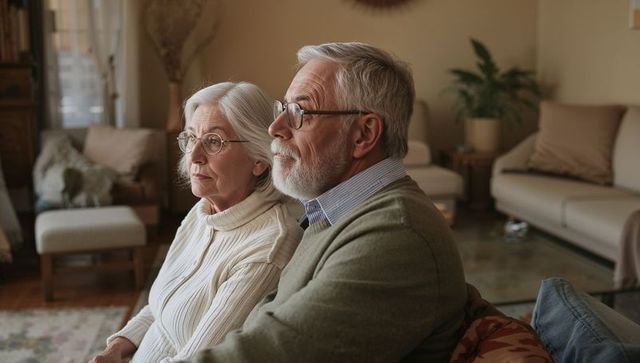 Senior couple sitting together gazing thoughtfully in cozy living room