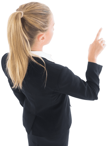 Transparent Businesswoman Pointing Upward in Professional Suit