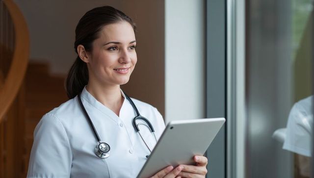 Smiling Female Clinician Holds Tablet in Health Center