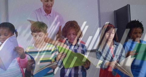 Teacher Guiding Diverse Group of Children Reading Books in Classroom