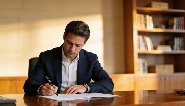 Executive signing contract at polished wooden desk in warm office reviewing documents