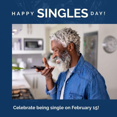 senior man celebrating singles day talking on phone at home - Download Free Stock Templates Pikwizard.com