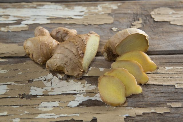 Fresh ginger slices displayed on a weathered wooden table, highlighting the natural and rustic appeal. Ideal for use in culinary blogs, healthy eating articles, organic food promotions, or herbal remedy guides.