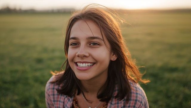 Smiling teen girl wearing braces and plaid shirt in sunlit meadow at golden hour