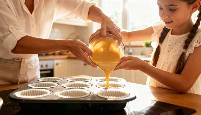 Mother and daughter pouring muffin batter into cupcake tin in sunlit kitchen