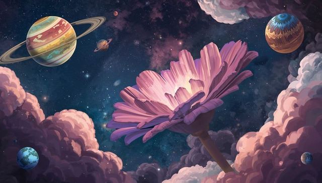 Cosmic Flower Bloom Amidst Pink Clouds and Ringed Planets