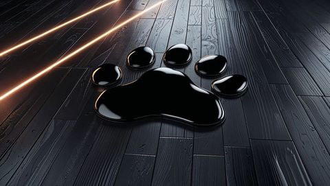 Glossy black paw print on dark wooden floor with light beams