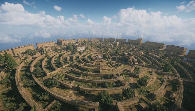 Spiral Fortress Ruins on Elevated Plateau, Concentric Labyrinth of Stone Terraces, Aerial