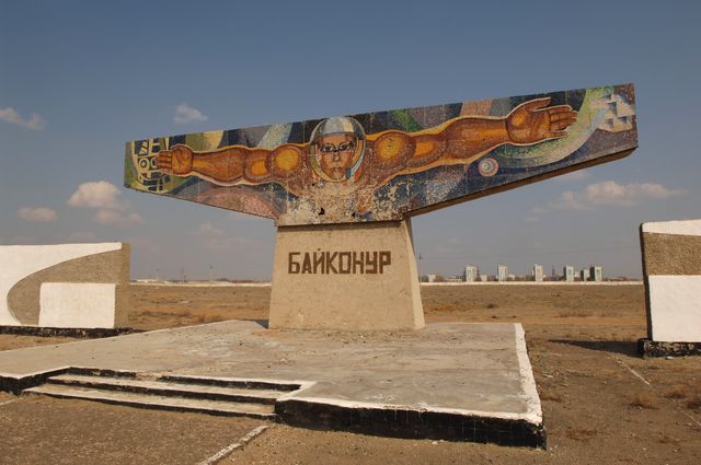 Cosmonauts and astronauts alike are welcomed by this tiled mosaic monument outside the city gates of Baikonur, Kazakhstan as seen Saturday, Oct. 9, 2005. Photo Credit: (NASA/Bill Ingalls)