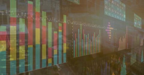 Transparent analytics dashboard, bar charts, line trends and scrolling market tickers