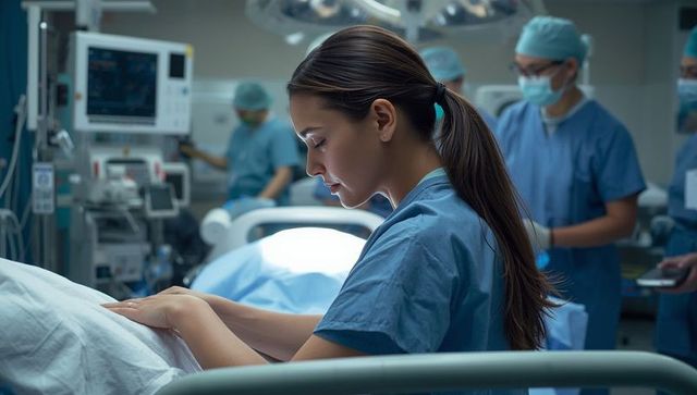Scrub nurse positioning patient under operating room lights