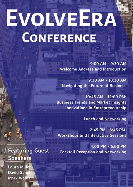 Event marketing material featuring conference schedule and guest speakers, set against urban cityscape. Ideal for promoting business seminars, networking events, corporate conferences, and professional workshops.