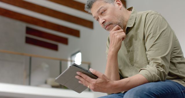 Man Contemplating Options While Using Tablet in Modern Home - Download Free Stock Images Pikwizard.com