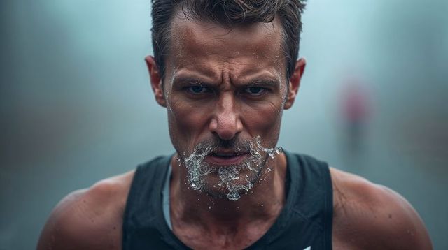 Determined runner catching water splash mid-stride closeup intense focus