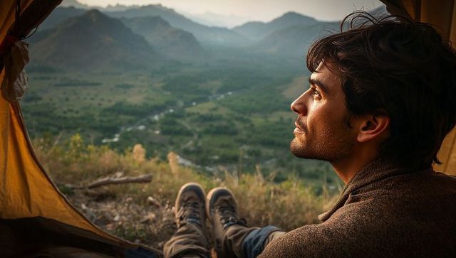 Hiker gazing across mountain valley from tent mouth at sunrise, camping solitude