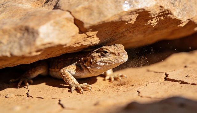 Desert lizard peeking from rock crevice on cracked clay soil with dust particles close-up