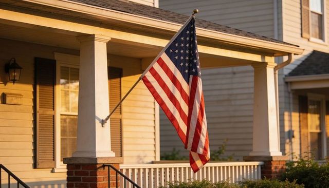 Waving american flag on suburban front porch at golden hour warm sunset glow