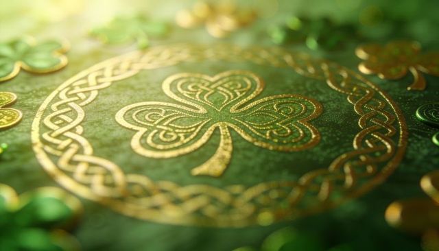 Gilded celtic shamrock with intricate braided circle and gold coin discs on emerald green