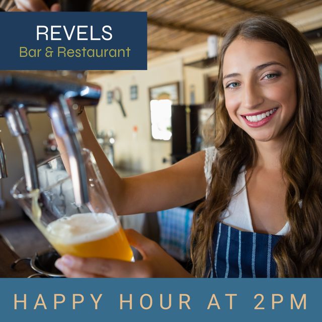 Bartender is partially pouring a draft beer while smiling at the camera in a casual bar or restaurant. Ideal for promotions, hospitality training, advertisements for happy hour, or showcasing customer service in the food and beverage industry.