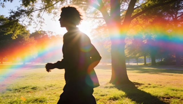 Jogging male silhouette crossing sunlit park with rainbow lens flare and motion