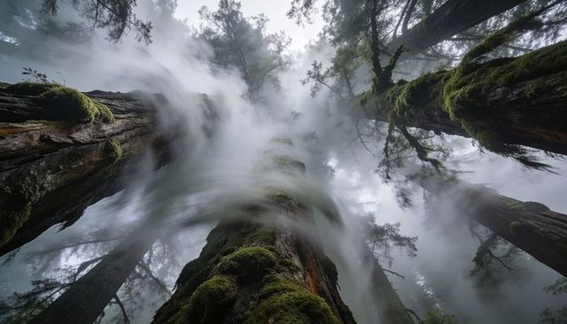 Ascending Mossy Conifer Reaching Through Mist in Temperate Rainforest Canopy