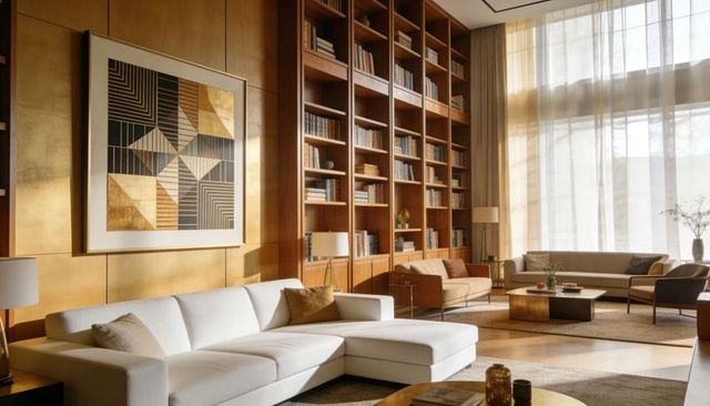 Neutral luxury living room with white chaise sectional, floor-to-ceiling shelves, gold accents