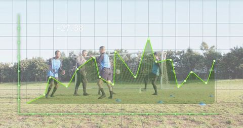 Amateur soccer team practicing passing drill with performance data overlay on grass pitch