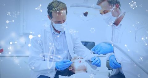 Dentists Treating Patient with Molecule Overlay in Dental Office