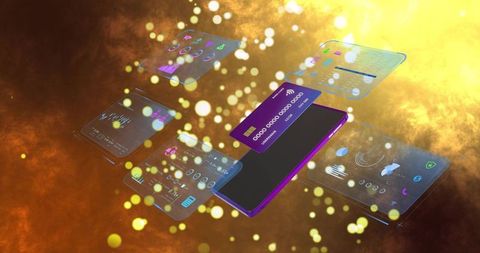 Futuristic metallic purple smartphone with holographic UI panels and floating credit card