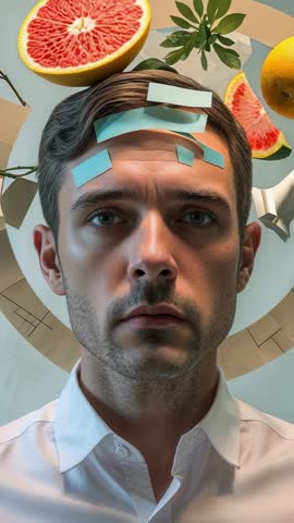 Contemplative man blinking with sticky notes in vertical portrait video featuring grapefruit motif